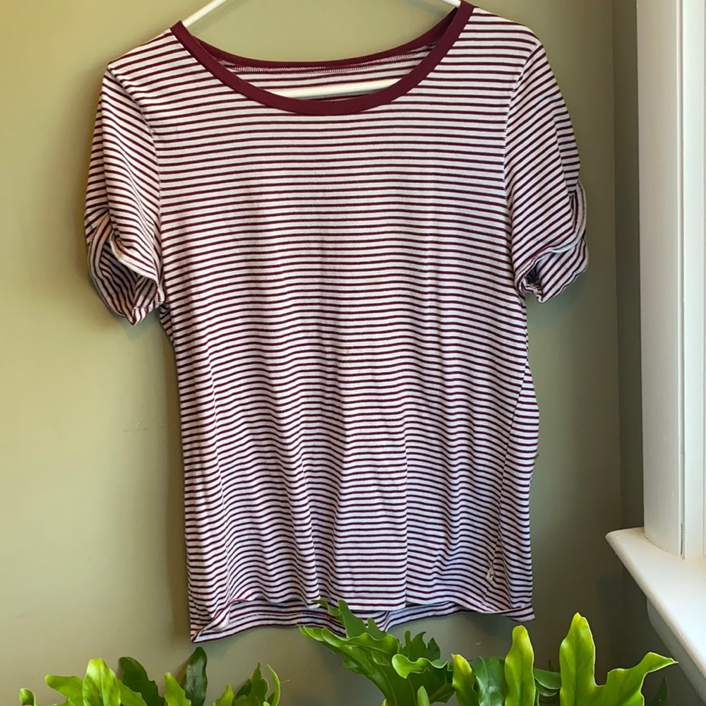 Maroon and white striped shirt